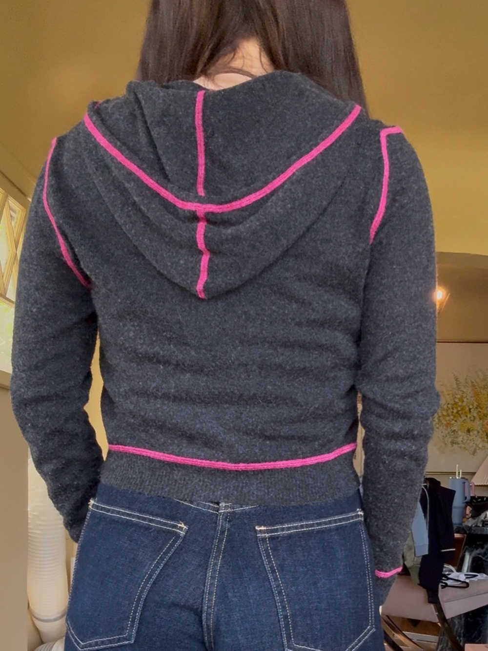 Acrobat Silk and Cashmere Charcoal Zip Hoodie with Pink Piping - Picture 2 of 4